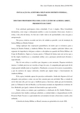 DISCURSO DE INSTALAÇÃO DA AUDITORIA MILITAR DO DISTRITO FEDERAL