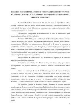 DISCURSO DE SAUDAÇÃO DE POSSE À PRESIDENTE, PROFERIDO PELO DESEMBARGADOR LUIZ VICENTE CERNICCHIARO